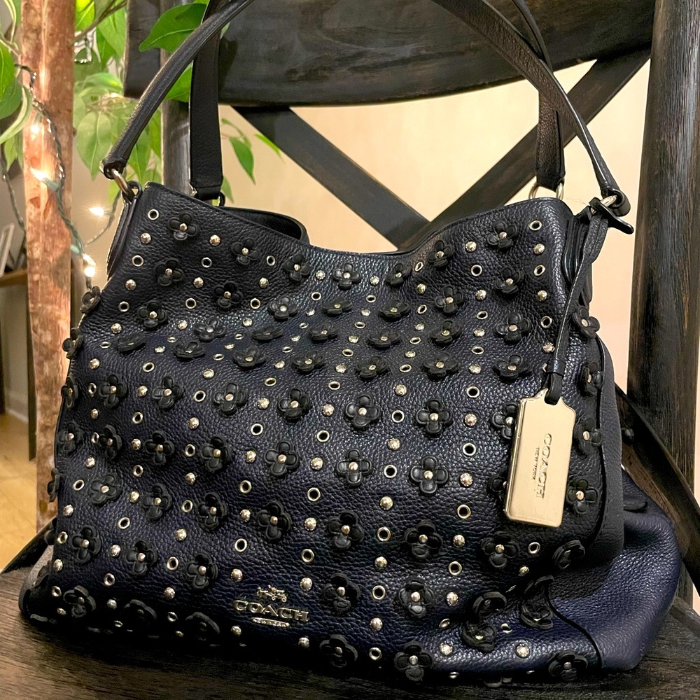 Coach Edie 31 Floral Rivets Leather Bag- navy blue